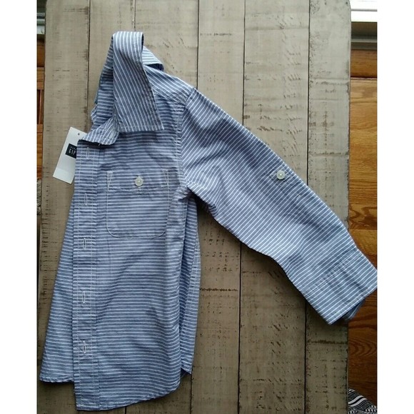 new baby gap boys 4 stripes dress button down shirt blue  long sleeves cotton - Picture 4 of 5
